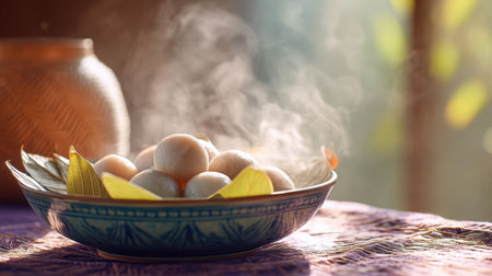 A beautiful arrangement of steaming dumplings sits on a vibrant plate surrounded by greenery and soft natural light, evoking warmth and comfort.の素材