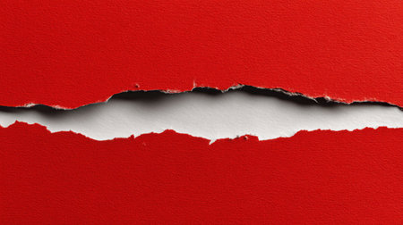 A vivid image of torn red paper revealing a white background, offering an abstract, dynamic visual element perfect for creative projects and designs.の素材