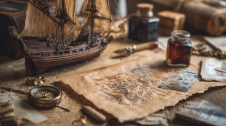 A beautifully arranged display featuring an antique maritime map, a ship model, a compass, and an inkwell on a weathered table surface.の素材