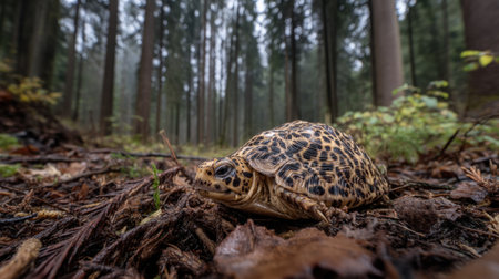 Witness a vibrant turtle gracefully moving through the forest floor. This close-up captures intricate patterns and serene surroundings, emphasizing natures beauty.の素材