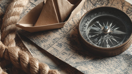 This image features a vintage compass, a paper boat, and an intricately designed nautical map, complemented by coiled rope, ideal for themes of adventure, exploration, and travel.の素材