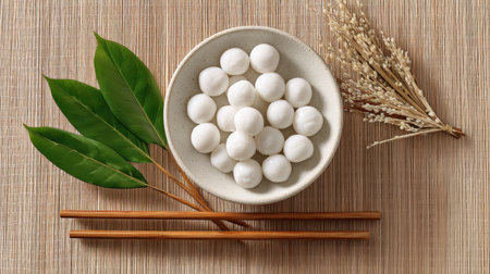 Elegant display featuring white spherical ingredients in a bowl, surrounded by leaves and natural elements, perfect for culinary themes.の素材
