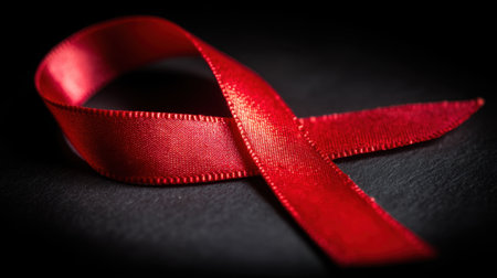 This striking red ribbon elegantly represents awareness and support for vital health issues and social causes. Perfect for campaigns.の素材