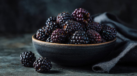 A captivating arrangement of fresh blackberries in a rustic bowl, set against a dark backdrop. Ideal for health, food, and culinary themes.の素材