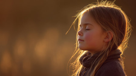 A young girl embodies tranquility with her eyes closed, surrounded by golden light that captures the essence of a peaceful moment outdoors.の素材