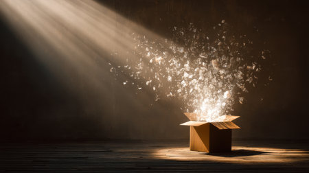 An open box in a darkened room emits a cascade of shimmering particles and beams of light, creating an enchanting and mystical atmosphere.の素材