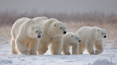 A captivating image of a family of polar bears walking together through a snowy landscape, showcasing their majestic presence in a winter habitat.の素材