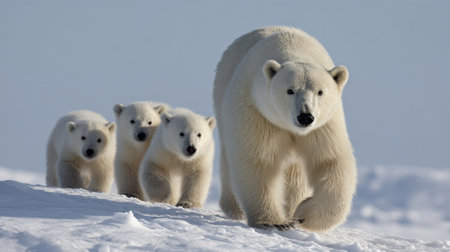 A breathtaking scene showcases a majestic polar bear walking confidently across the snow, leading her three adorable cubs in the icy Arctic landscape.の素材