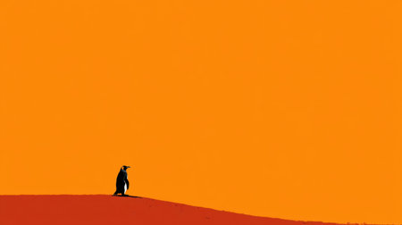 A solitary penguin stands atop a hill, silhouetted against a vibrant orange sunset. This minimalistic image captures nature's beauty and tranquility.の素材