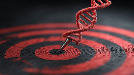 A striking representation of a DNA double helix positioned on a target circle, symbolizing precision in genetic research and biotechnology advancements.の素材