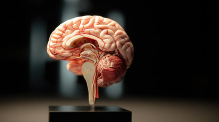 This high-quality image features an anatomically accurate brain model, showcasing intricate vascular structures and the spinal cord, ideal for educational use.の素材