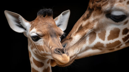 A touching scene depicts a mother giraffe and her calf sharing a moment of affection and connection. The close-up shot reveals their features and nurtures the beauty of wildlife relationships.の素材
