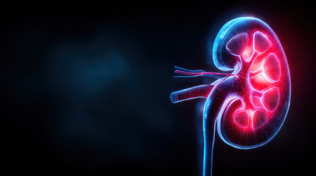 A vivid digital illustration of a human kidney, showcasing detailed anatomical features and vibrant neon colors, set against a dark background. This image represents the complexity of the organ and its functions in the human body.の素材