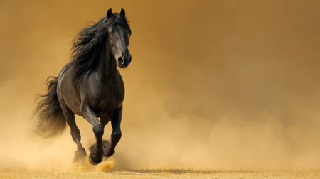 A striking image of a black horse charging across a dusty field, capturing the raw beauty and power of nature in a golden hour atmosphere.の素材