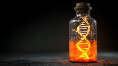 A captivating glass bottle showcases a glowing DNA helix suspended in vibrant orange liquid, set against a dark backdrop. This image symbolizes scientific exploration.の素材