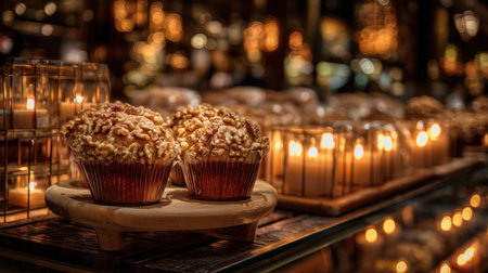 Tempting caramel popcorn cupcakes are beautifully displayed in a cozy bakery, surrounded by warm candles, creating an inviting atmosphere.の素材