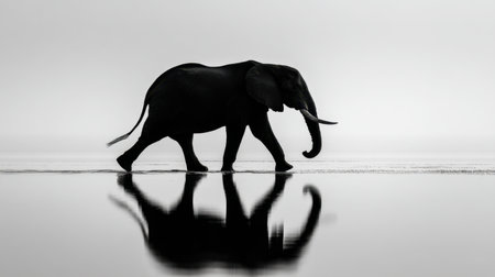 An elegant elephant strolls through calm water, creating a captivating reflection against a serene backdrop in stunning black and white.の素材