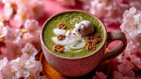 A charming cup of matcha green tea features adorable bear latte art and is adorned with cherry blossoms, creating a cozy and inviting atmosphere.の素材