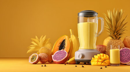 A vibrant arrangement of tropical fruits including banana, papaya, mango, and pineapple next to a blender on a sunny yellow background, perfect for smoothie inspiration.の素材