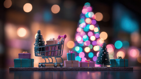 A cheerful scene featuring a shopping cart filled with beautifully wrapped gifts and miniature Christmas trees. The vibrant bokeh lights create a joyful holiday atmosphere, perfect for capturing the spirit of the season.の素材