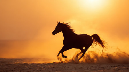 A stunning scene of a horse galloping through a dusty landscape at sunset, creating an inspiring and dynamic silhouette against vibrant sky hues.の素材