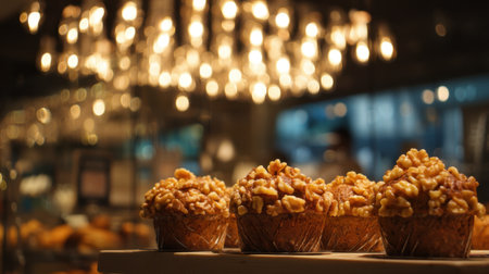 A close-up of delectable caramel popcorn cupcakes sitting on a wooden display, illuminated by soft lights, creating a warm and inviting atmosphere.の素材