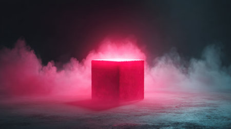A striking abstract image featuring a glowing cube in the midst of colorful mist, perfect for creative projects that require a modern touch.の素材