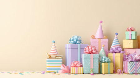 A charming display of colorful birthday presents adorned with ribbons and playful hats, set against a soft beige backdrop, perfect for celebrating joy.の素材