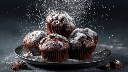 Tempting chocolate muffins dusted with powdered sugar, arranged on a dark plate. Perfect for showcasing dessert recipes or bakery themes.の素材