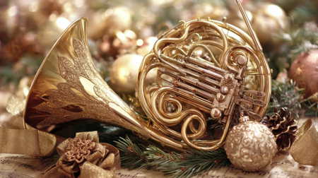 This captivating image features a stunning French horn nestled among beautiful Christmas ornaments and pine branches, creating a warm and festive ambiance.の素材
