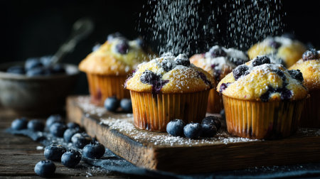 Delight in the mouthwatering sight of freshly baked blueberry muffins dusted with powdered sugar and accompanied by ripe blueberries on a rustic wooden board.の素材