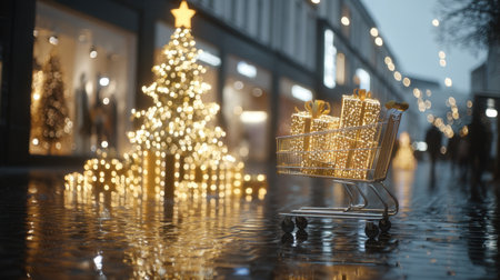 A charming winter scene showcasing a shopping cart filled with beautifully wrapped gifts beside a glowing Christmas tree, capturing the essence of holiday spirit.の素材