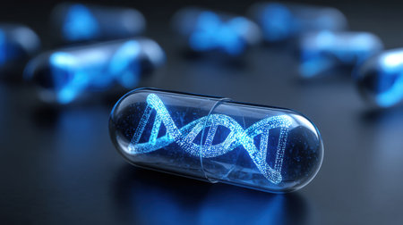This image features a transparent capsule showcasing a glowing DNA strand within, symbolizing advancements in genetic research and biotechnology.の素材