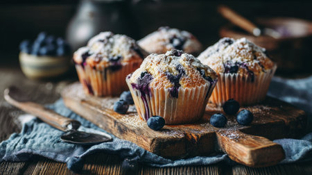 Indulge in the delightful sight of freshly baked blueberry muffins dusted with powdered sugar, set on a rustic wooden board. Perfect for breakfast or a sweet treat!の素材