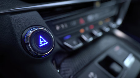 This image features a close-up view of a modern vehicle dashboard, highlighting the illuminated hazard light button and sleek control interface.の素材