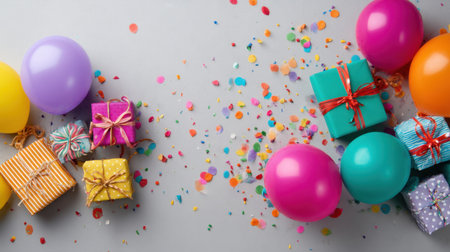 A lively birthday scene features colorful gifts, vibrant balloons, and playful confetti scattered on a grey background, creating a festive atmosphere.の素材