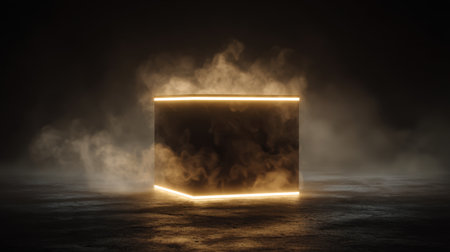 A captivating glowing cube stands in a dark environment, surrounded by swirling fog, evoking a sense of mystery and depth perfect for various creative projects.の素材