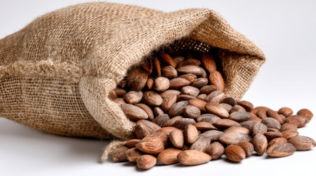 A jute sack spills out an abundance of raw almonds on a light surface, highlighting their natural beauty and nutritional benefits for healthy lifestyles.の素材