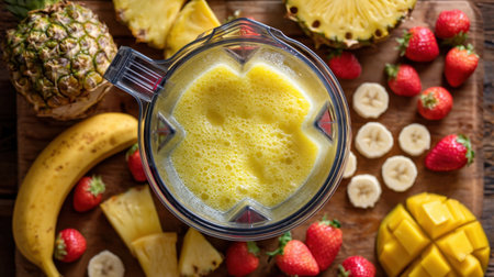 A vibrant and colorful composition of fresh fruits around a blender filled with a delicious smoothie. Perfect for health and wellness themes.の素材