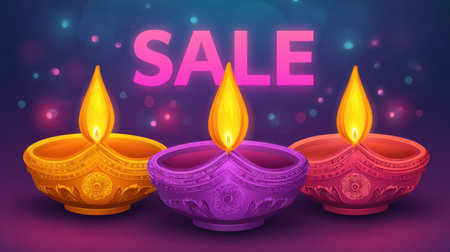 Eye-catching digital illustration of colorful Diwali lamps with vibrant flames against a festive background, promoting a sale. Perfect for holiday marketing.の素材