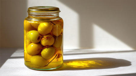 This captivating image features a glass jar filled with green olives preserved in olive oil, beautifully illuminated by natural light, casting intriguing shadows.の素材