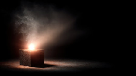 A mysterious box emits a captivating glow and swirling smoke, creating an intriguing atmosphere in a dark environment. This image evokes curiosity and wonder.の素材