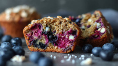 This image showcases a freshly baked blueberry muffin with a rich, moist interior filled with juicy blueberries. Perfect for breakfast or a snack!の素材