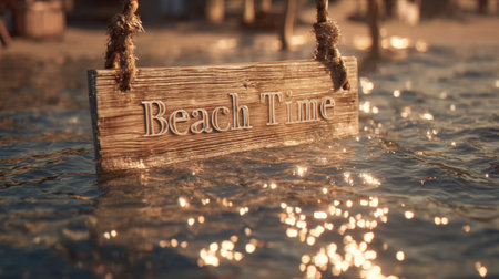 A serene beach time sign floats gently on water, surrounded by sparkling sunlight on waves. Perfect imagery for vacation and relaxation themes.の素材