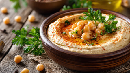 This image showcases a creamy bowl of hummus garnished with chickpeas and fresh parsley, perfect for a healthy appetizer or snack.の素材