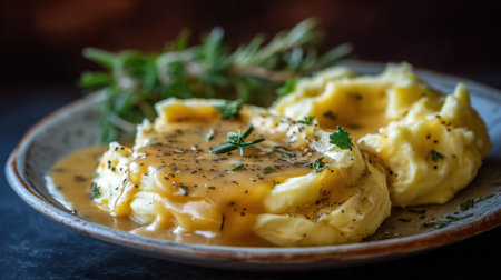 Indulge in creamy mashed potatoes topped with rich gravy and adorned with fresh herbs, perfect for enhancing any meal and providing warmth.の素材