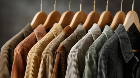 A vibrant collection of corduroy shirts in various colors arranged neatly on wooden hangers. The stylish display offers a modern fashion aesthetic suitable for boutiques and retail shops.の素材