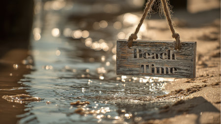 A charming wooden sign reading "Beach Time" hangs near the water's edge, capturing a serene summer moment with golden light and gentle waves.の素材