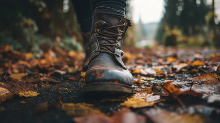 This captivating close-up image showcases a worn leather boot stepping on a bed of autumn leaves along a scenic forest pathway, highlighting the beauty of nature in transitional seasons.の素材