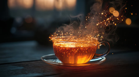 Experience the enchanting beauty of a steaming cup of tea with glowing sparks, creating a warm and inviting atmosphere perfect for relaxation.の素材